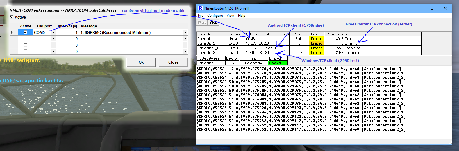 Paikkatieto Stormwindistä yhtäaikaa sekä Android-tablettiin että Windows 10:n location sensoriin.
